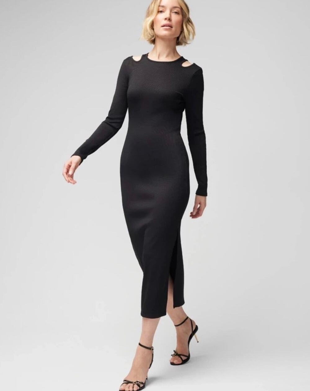 White House market Black Cutout Ribbed Midi Dress Long Sleeve Bodycon sexy chic